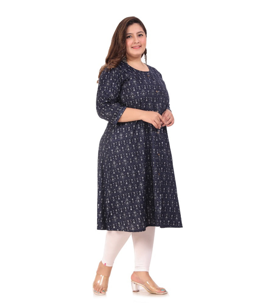 Women's Office wear Floral Printed Capsule A-Line Kurti (Navy Blue) - GillKart