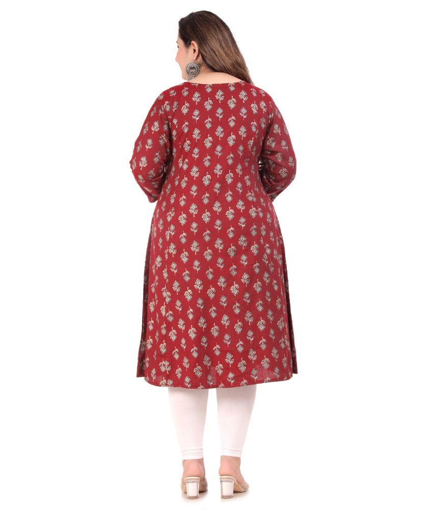 Women's Office wear Floral Printed Capsule Princess Cut Kurti (Maroon) - GillKart