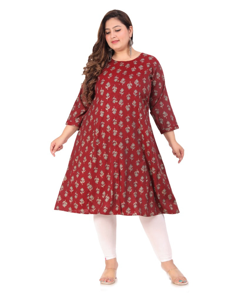 Women's Office wear Floral Printed Capsule Princess Cut Kurti (Maroon) - GillKart