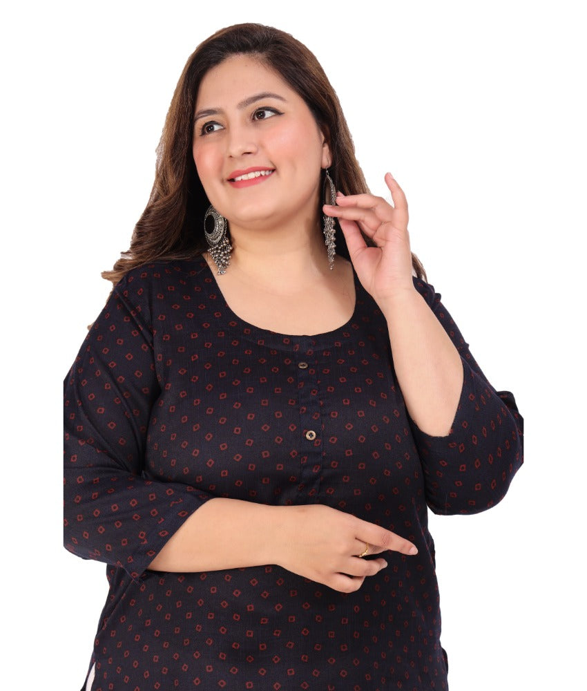 Women's Office wear Bandhni Printed Capsule Straight Kurti (Navy Blue) - GillKart