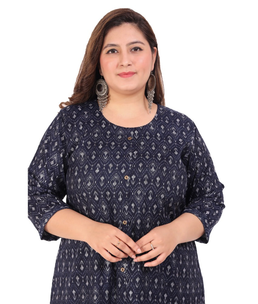 Women's Office wear Floral Printed Capsule A-Line Kurti (Navy Blue) - GillKart