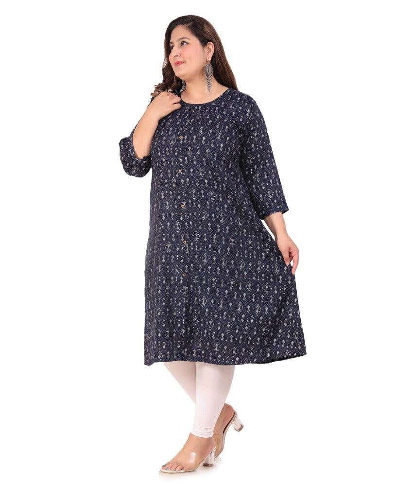 Women's Office wear Floral Printed Capsule A-Line Kurti (Navy Blue) - GillKart