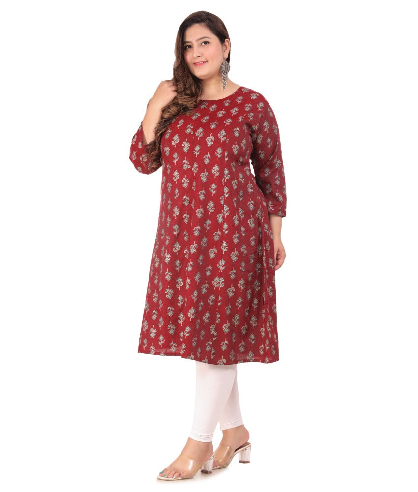 Women's Office wear Floral Printed Capsule Princess Cut Kurti (Maroon) - GillKart