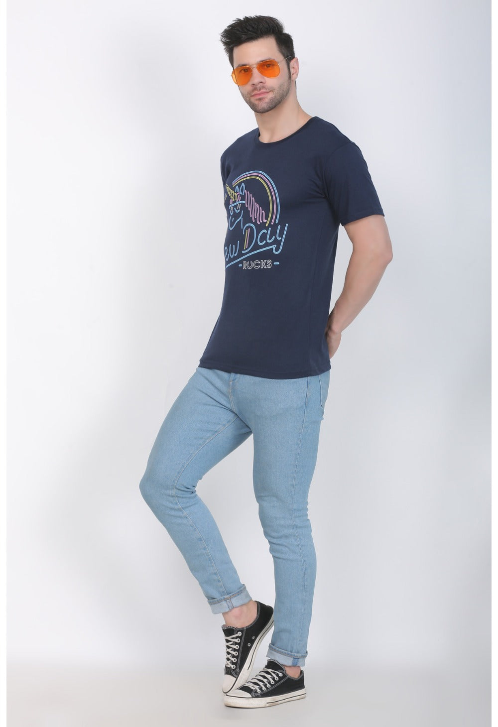 Men's Cotton Jersey Round Neck Printed Tshirt (Navy) - GillKart