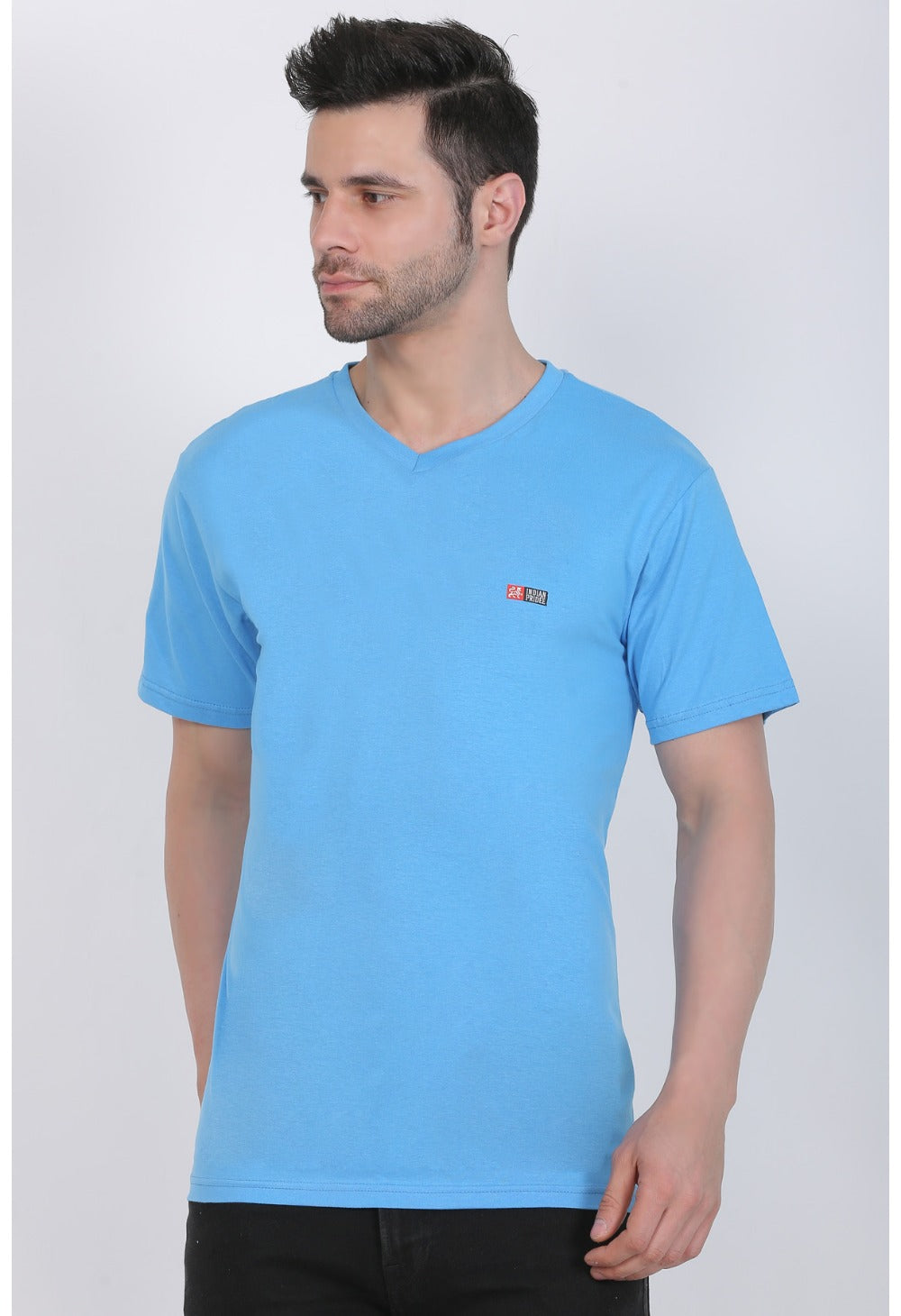 Men's Cotton Jersey V Neck Plain Tshirt (Turquoise Blue) - GillKart