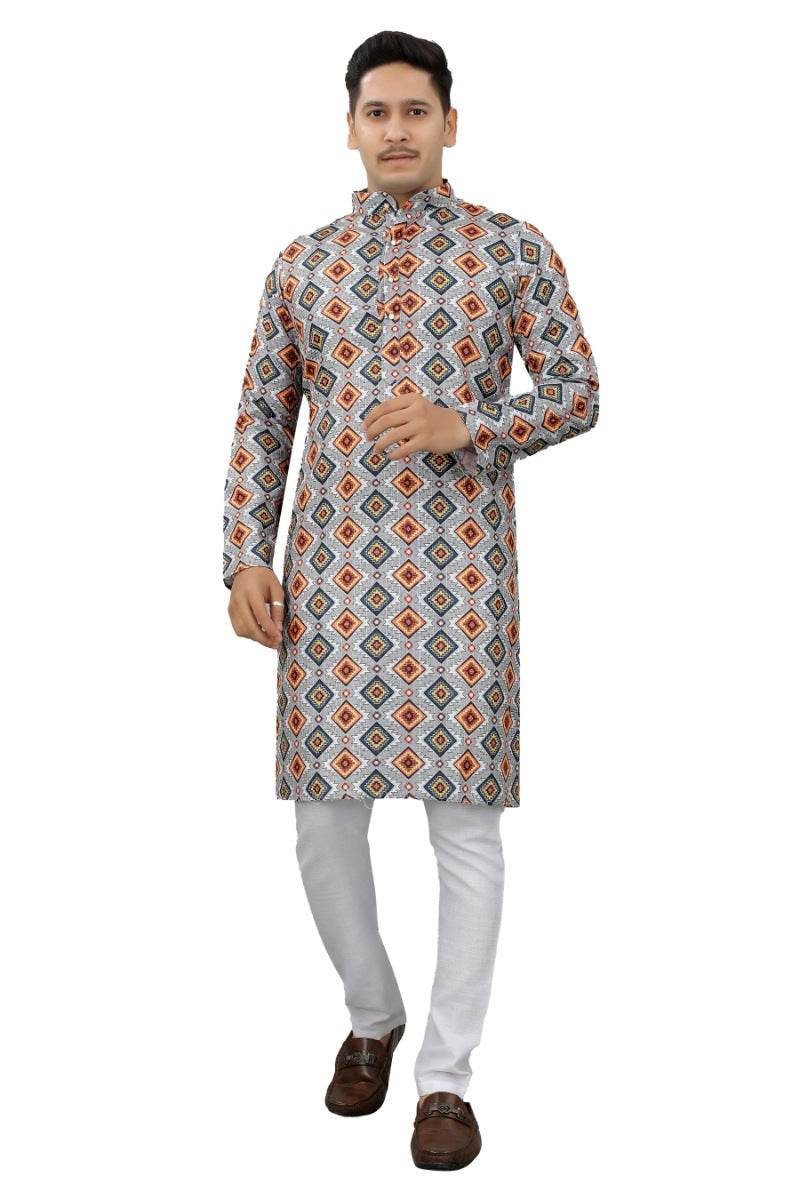 Men's Multi Color Full Sleeves Mandarin Collar Printed Ethnic Kurta Set - GillKart