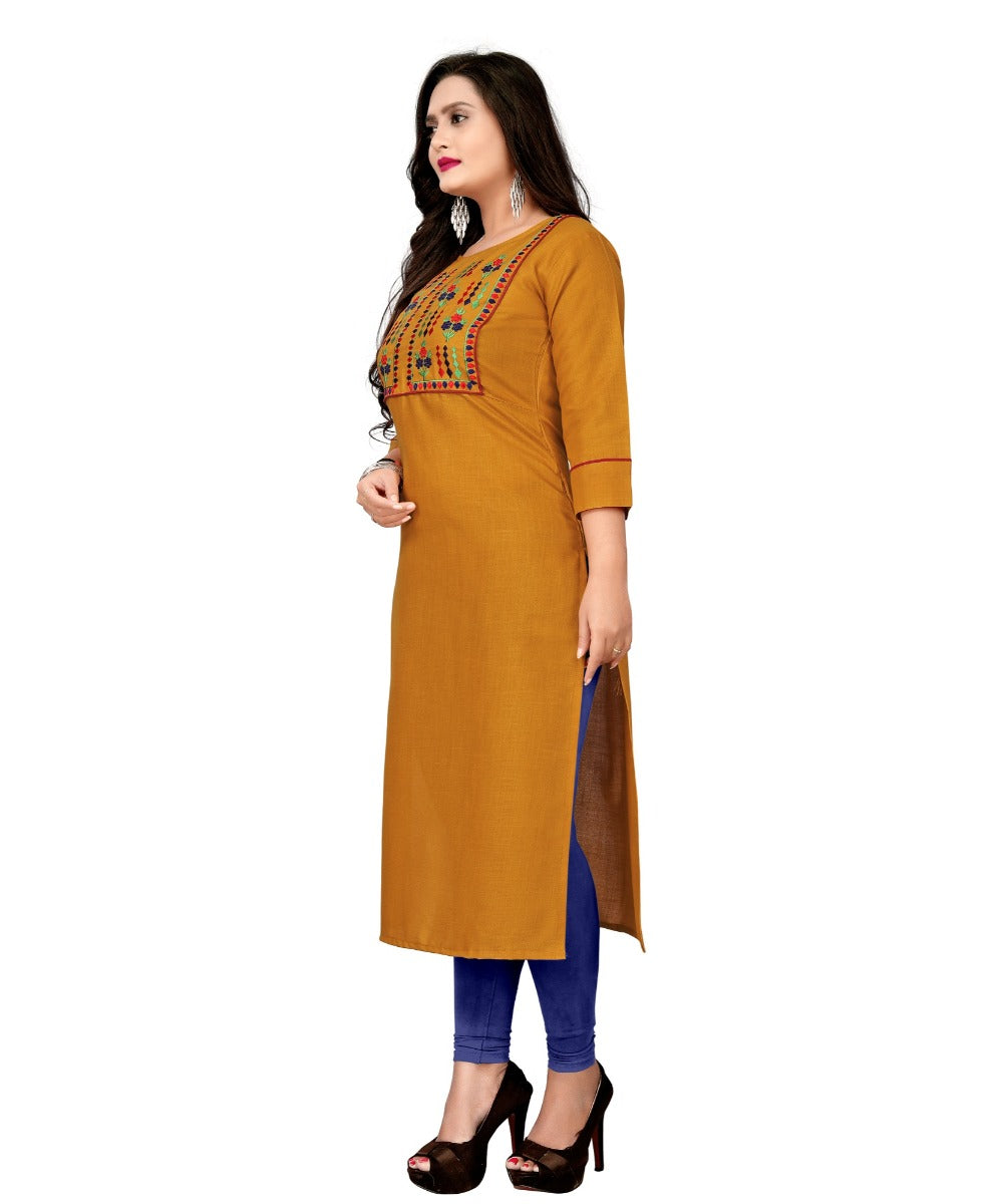 Women's Cotton Embroidery Straight Kurti (Mustard Yellow) - GillKart