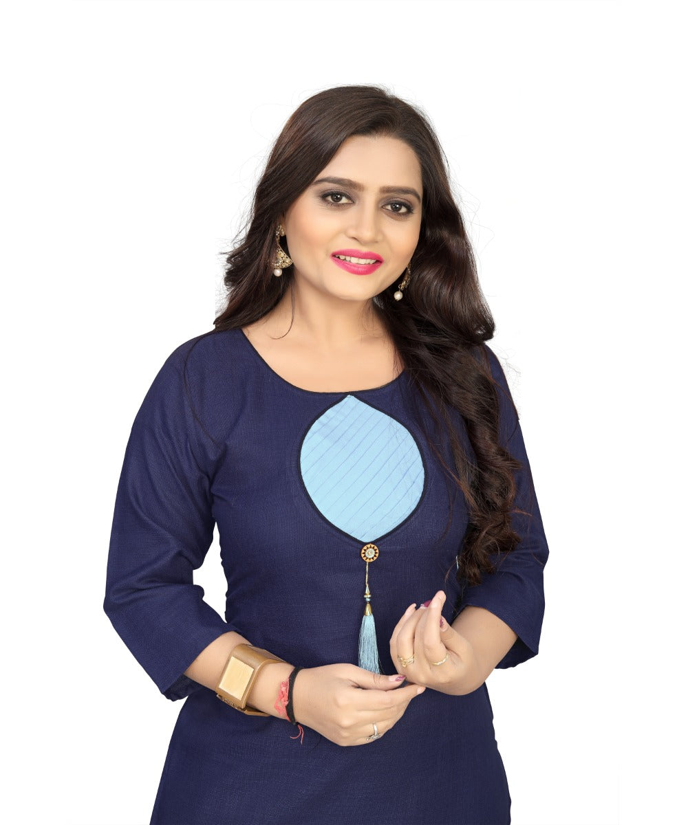 Women's Cotton Soild A-Line Kurti (Navy Blue) - GillKart