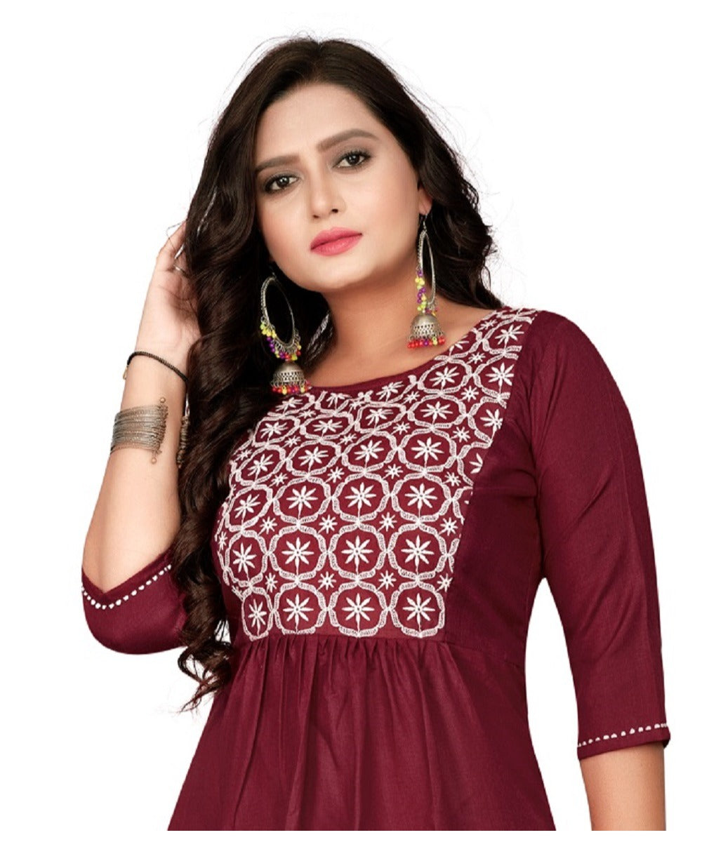 Women's Cotton Embroidery Straight Kurti (Maroon) - GillKart