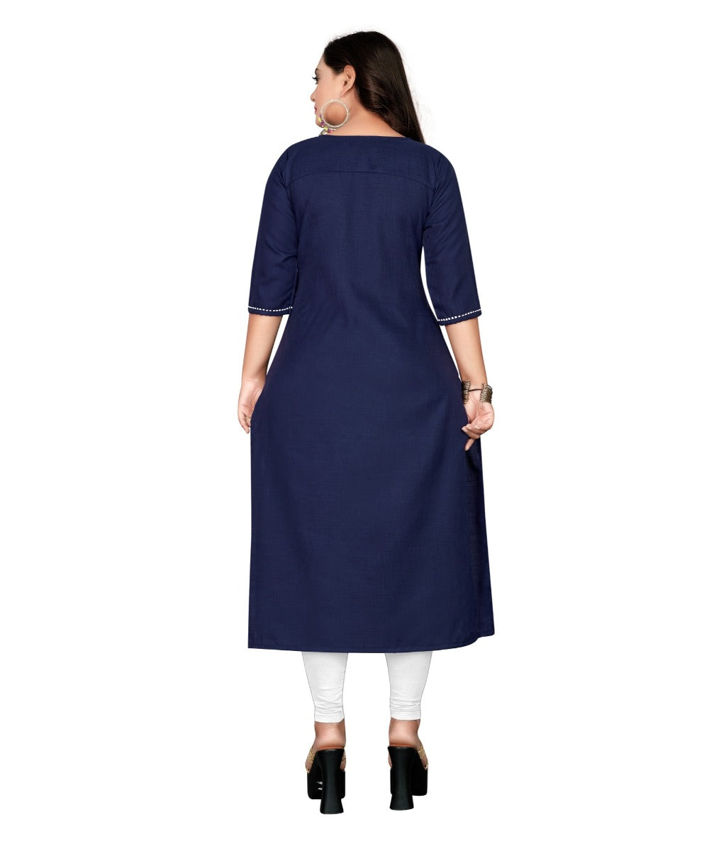 Women's Cotton Embroidery Straight Kurti (Navy Blue) - GillKart