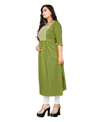 Women's Cotton Embroidery Straight Kurti (Light Green) - GillKart