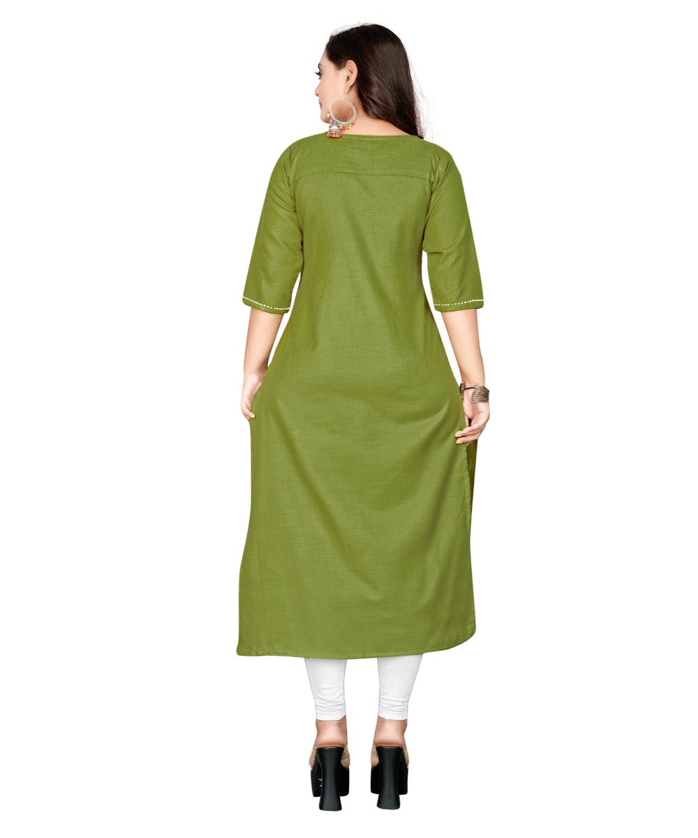 Women's Cotton Embroidery Straight Kurti (Light Green) - GillKart