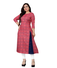 Women's Cotton Print with Foil Frontslit Kurti (Pink) - GillKart