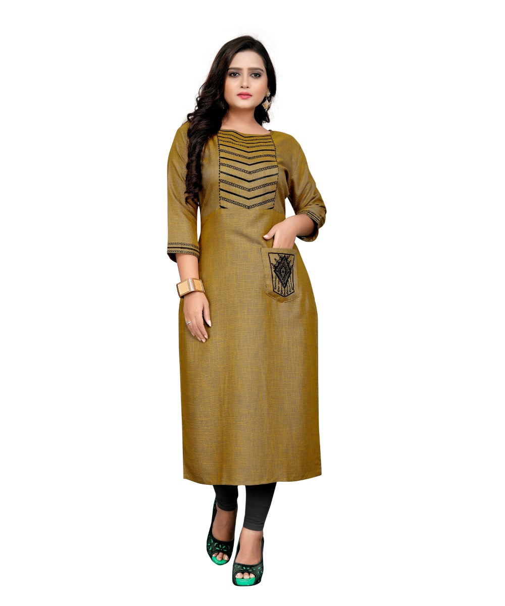 Women's Cotton Embroidery Straight Kurti (Mustard Yellow) - GillKart