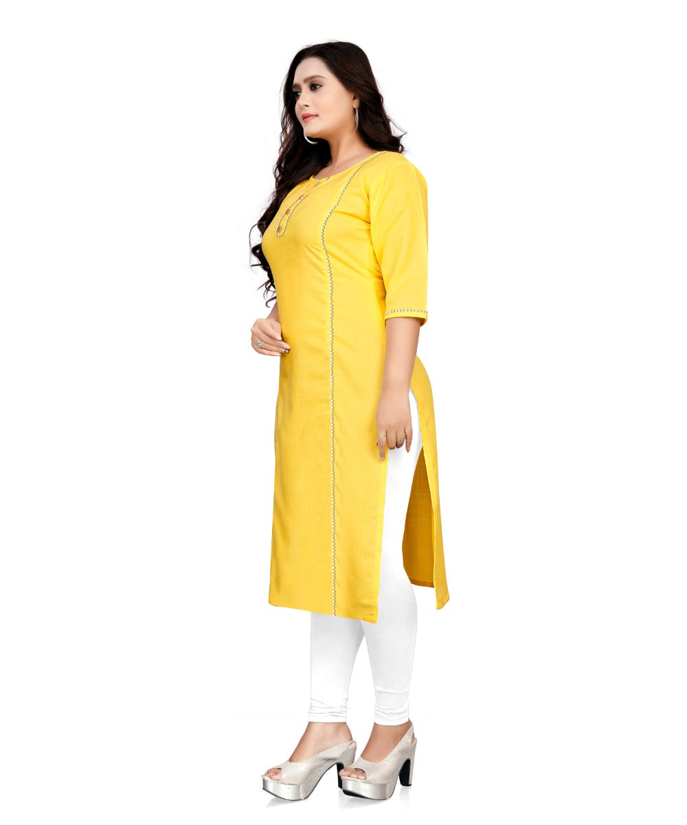 Women's Cotton Soild A-Line Kurti (Yellow) - GillKart