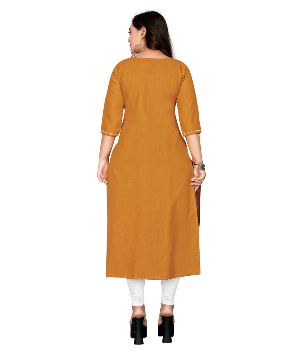 Women's Cotton Embroidery Straight Kurti (Mustard Yellow) - GillKart