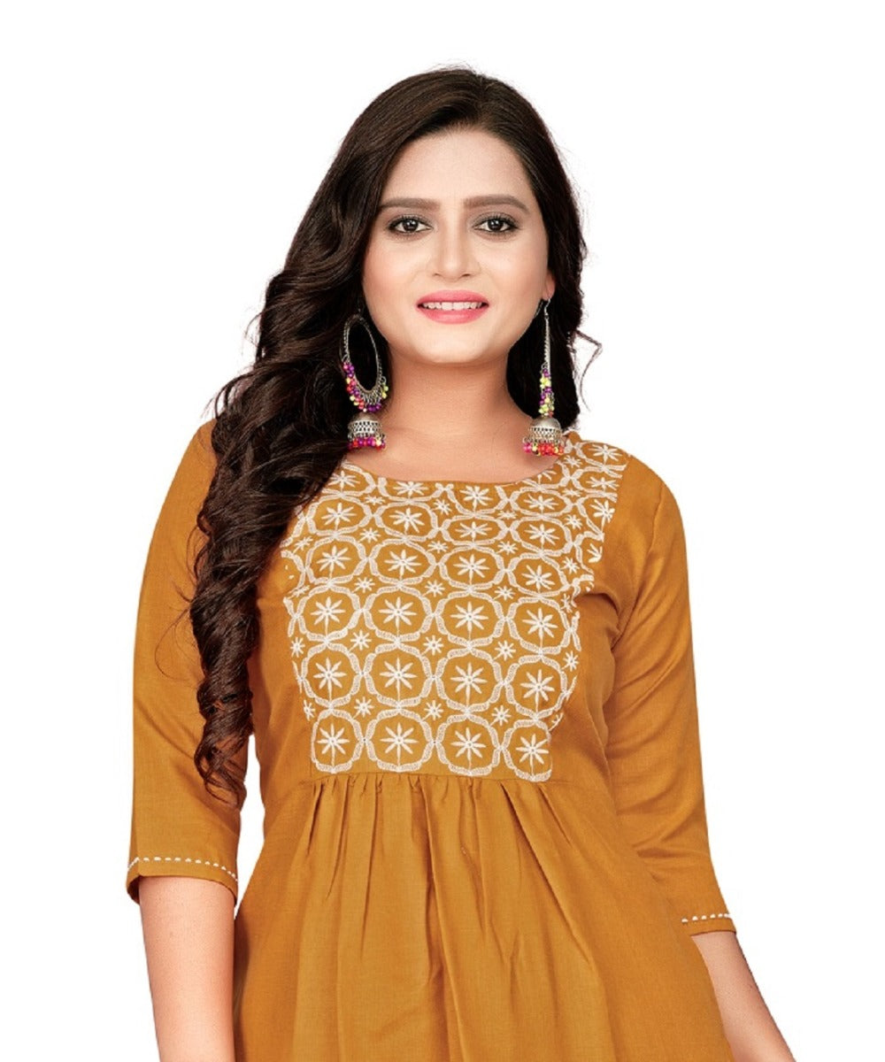 Women's Cotton Embroidery Straight Kurti (Mustard Yellow) - GillKart