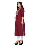 Women's Cotton Embroidery Straight Kurti (Maroon) - GillKart