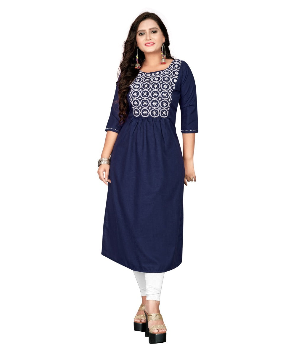 Women's Cotton Embroidery Straight Kurti (Navy Blue) - GillKart