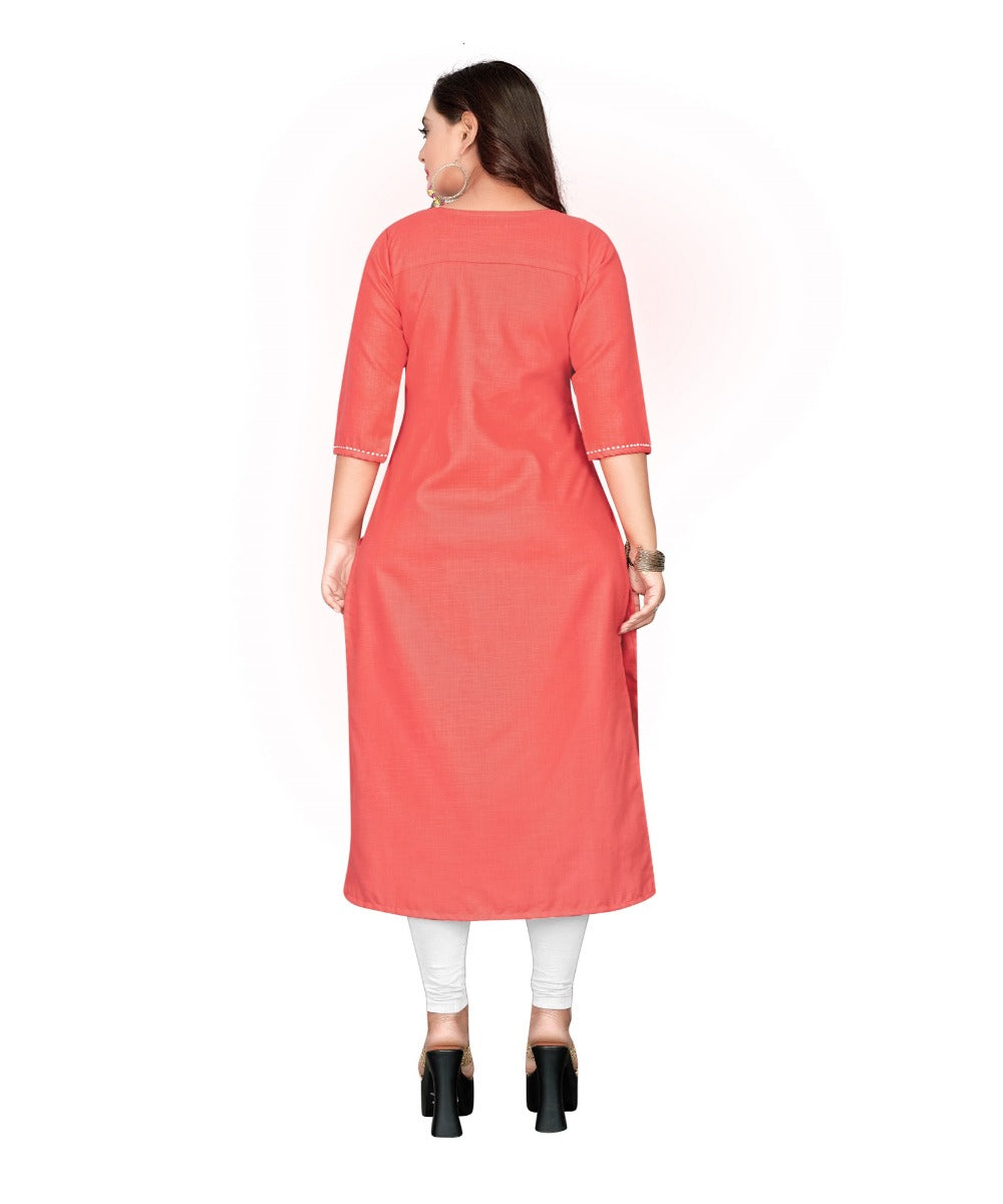 Women's Cotton Embroidery Straight Kurti (Peach) - GillKart