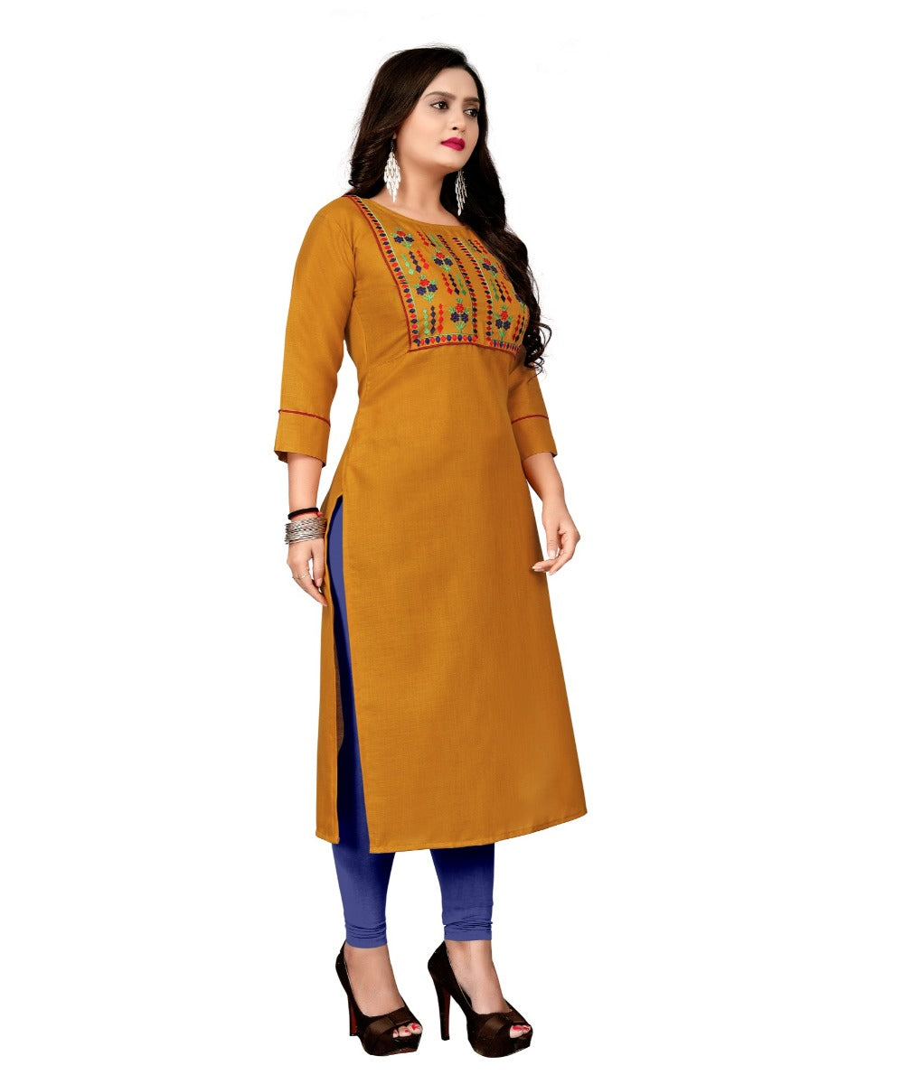 Women's Cotton Embroidery Straight Kurti (Mustard Yellow) - GillKart