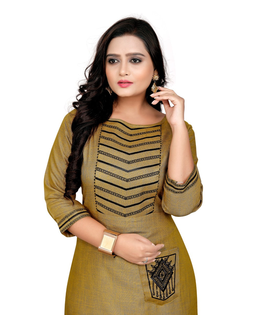 Women's Cotton Embroidery Straight Kurti (Mustard Yellow) - GillKart