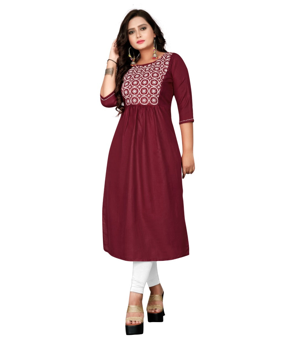 Women's Cotton Embroidery Straight Kurti (Maroon) - GillKart