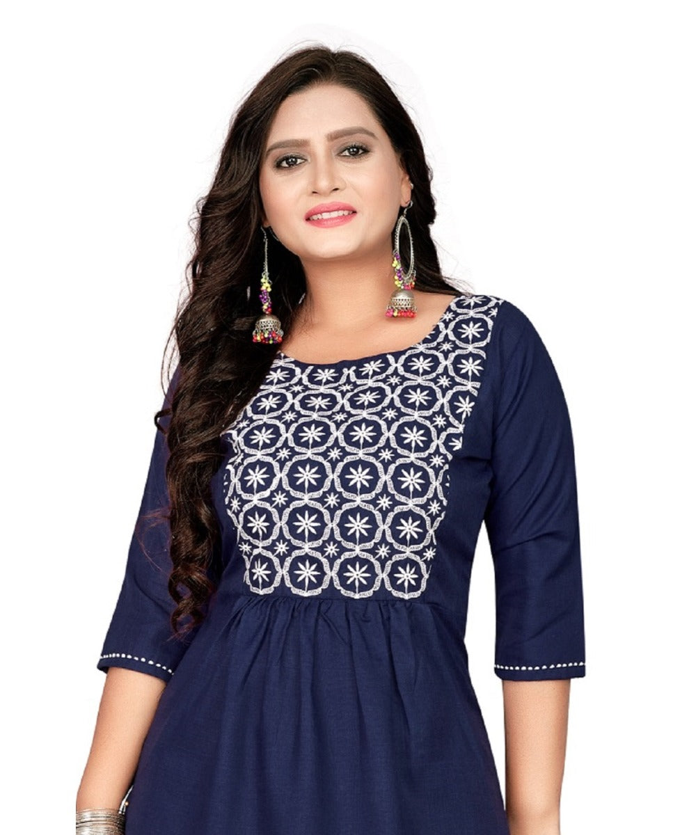 Women's Cotton Embroidery Straight Kurti (Navy Blue) - GillKart