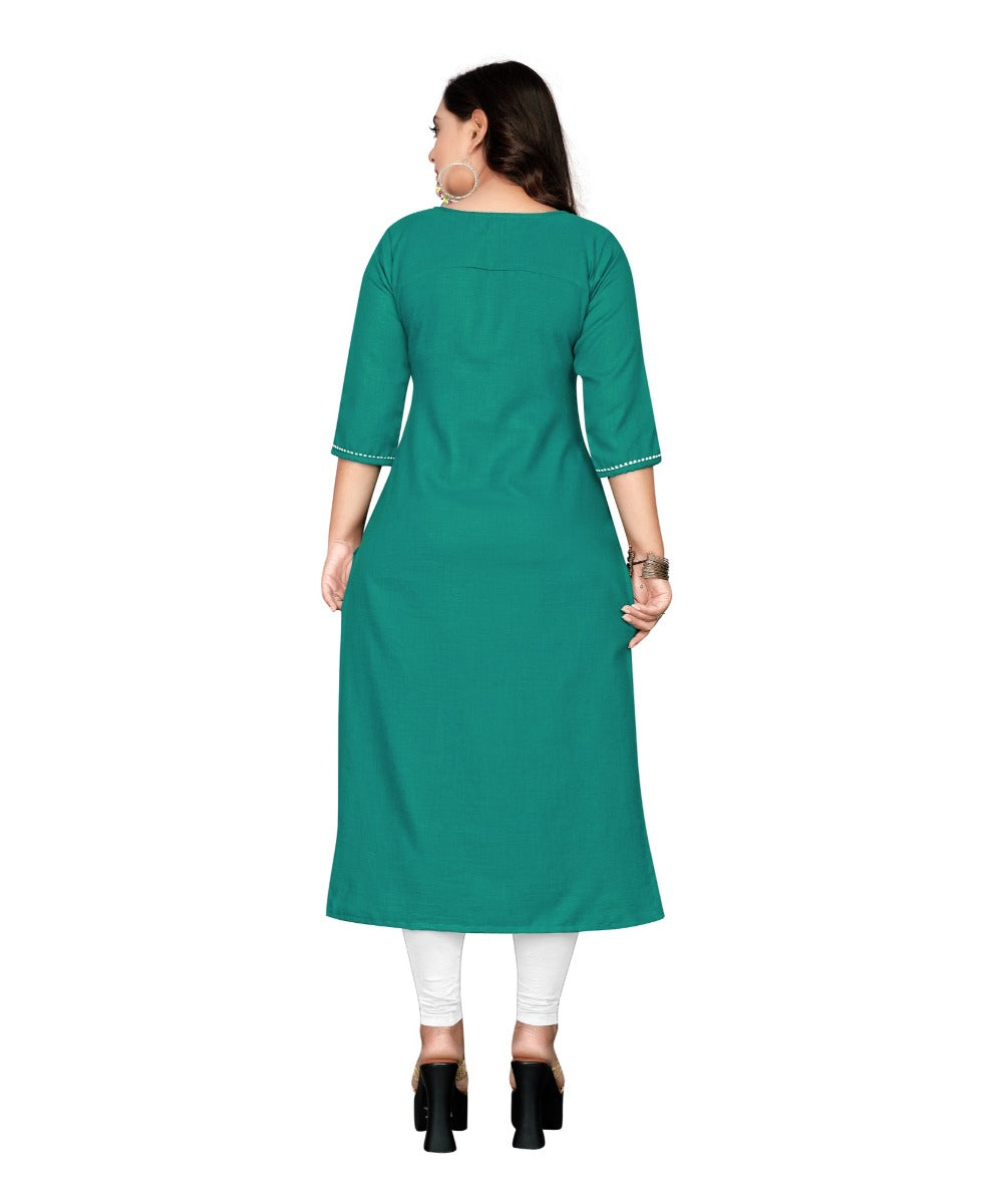 Women's Cotton Embroidery Straight Kurti (Turquoise Green) - GillKart