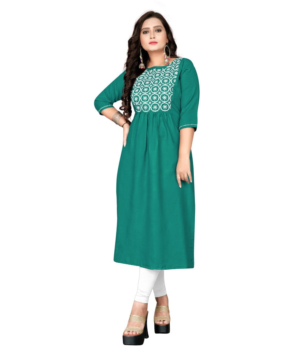 Women's Cotton Embroidery Straight Kurti (Turquoise Green) - GillKart