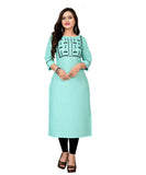 Women's Cotton Embroidery Straight Kurti (Light Blue) - GillKart