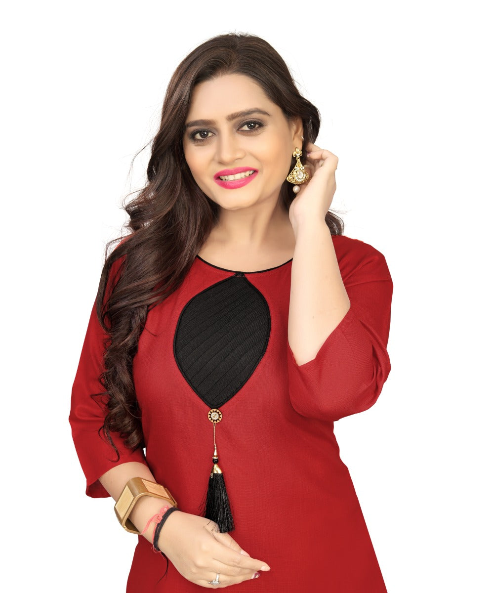 Women's Cotton Soild A-Line Kurti (Red) - GillKart