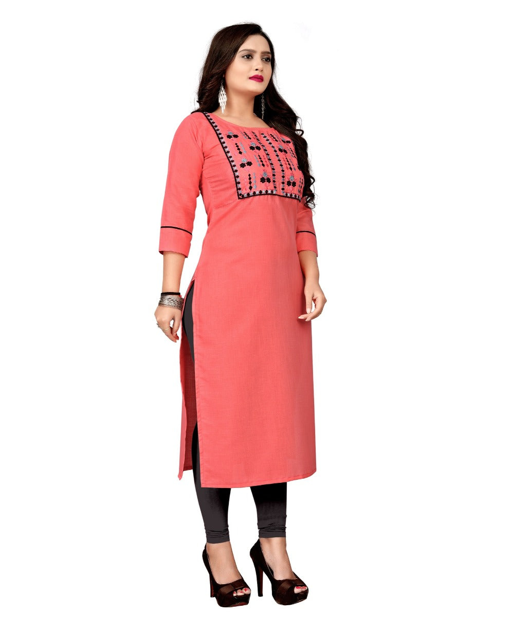 Women's Cotton Embroidery Straight Kurti (Peach) - GillKart