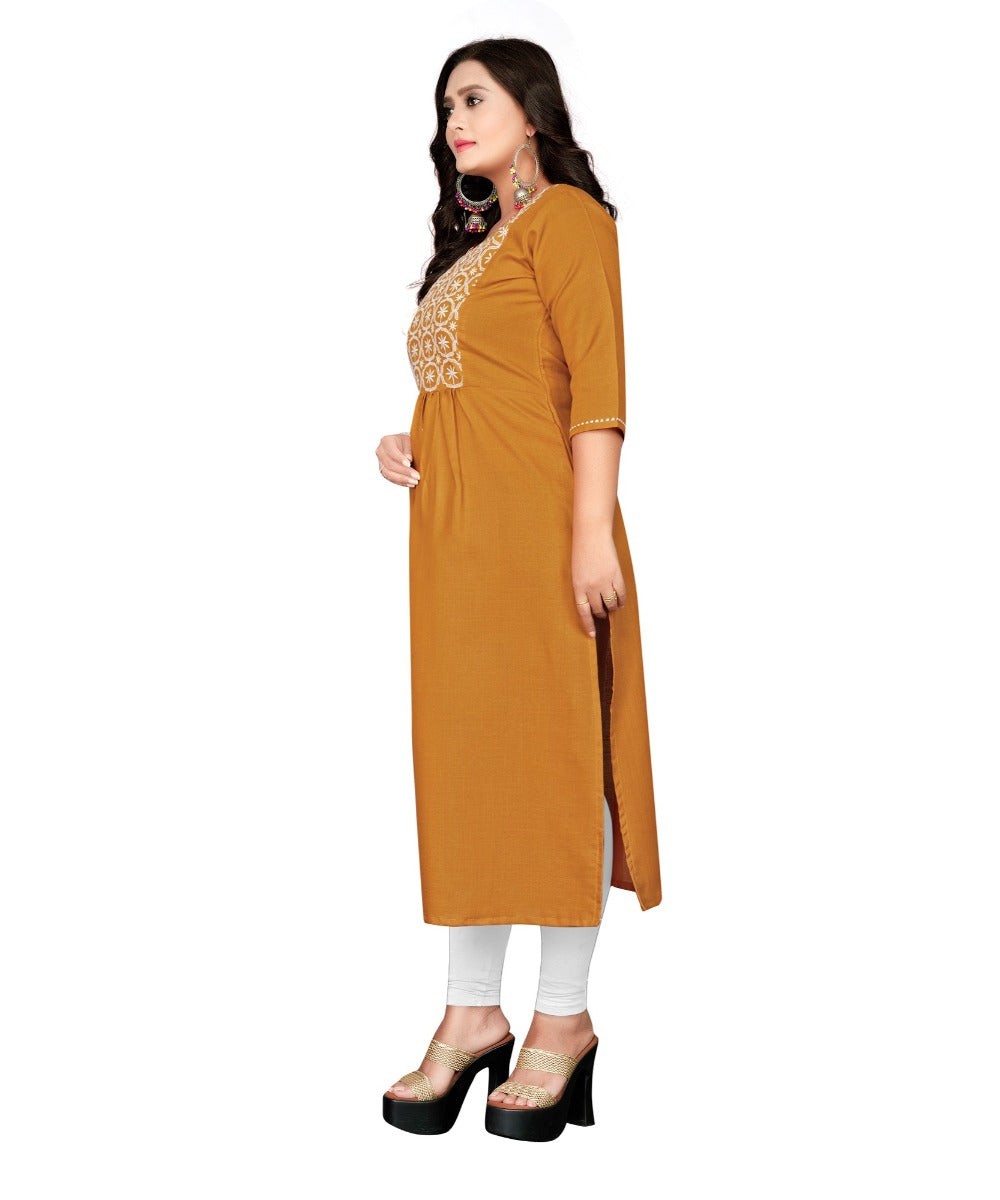 Women's Cotton Embroidery Straight Kurti (Mustard Yellow) - GillKart