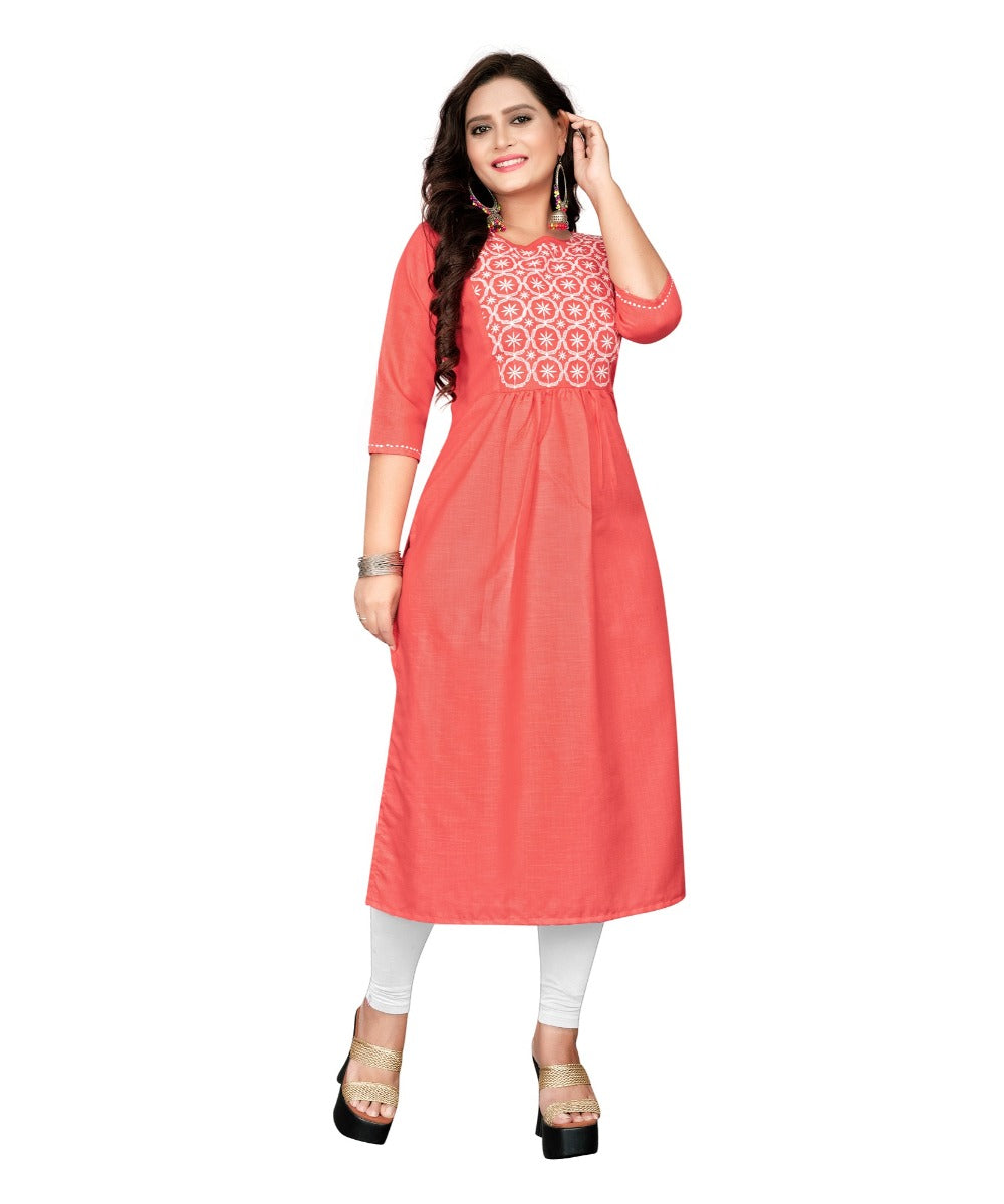 Women's Cotton Embroidery Straight Kurti (Peach) - GillKart