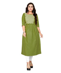 Women's Cotton Embroidery Straight Kurti (Light Green) - GillKart