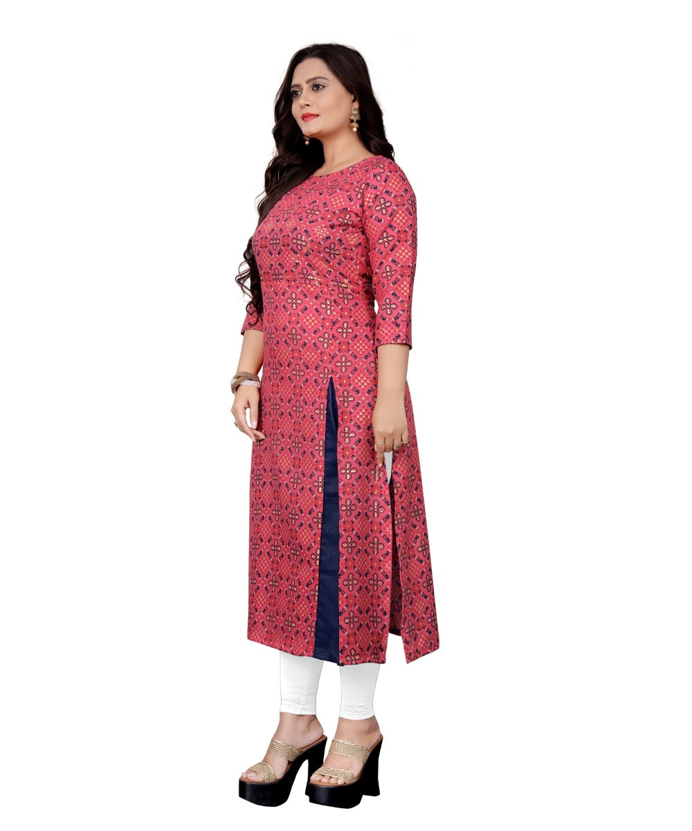 Women's Cotton Print with Foil Frontslit Kurti (Pink) - GillKart