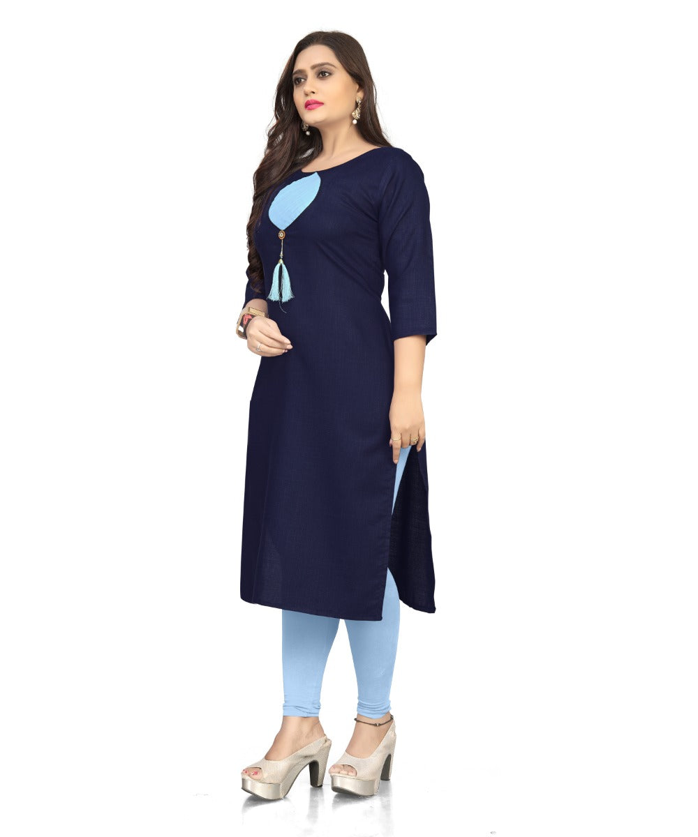 Women's Cotton Soild A-Line Kurti (Navy Blue) - GillKart