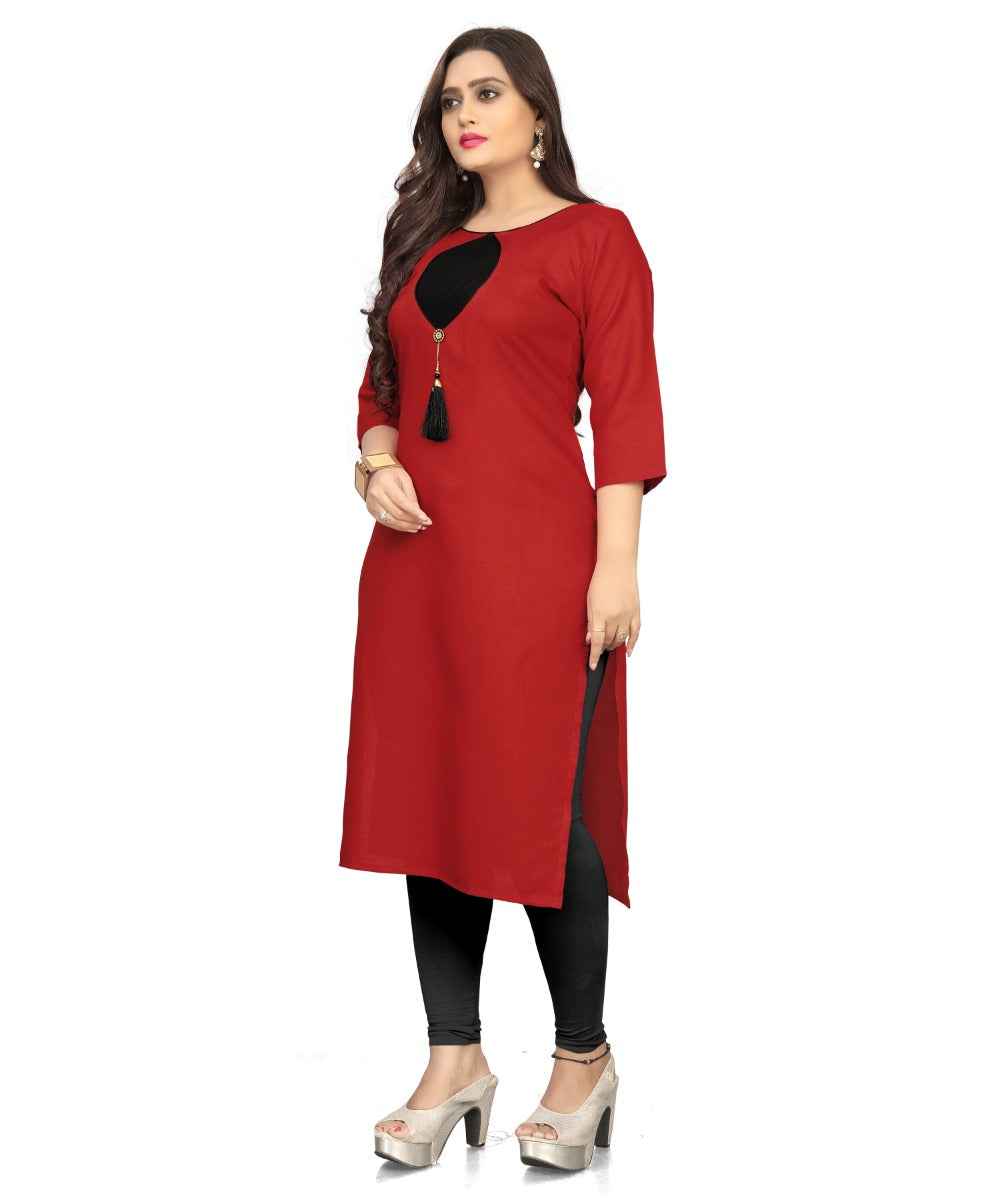 Women's Cotton Soild A-Line Kurti (Red) - GillKart