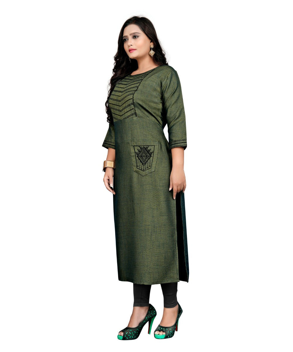 Women's Cotton Embroidery Straight Kurti (Green) - GillKart