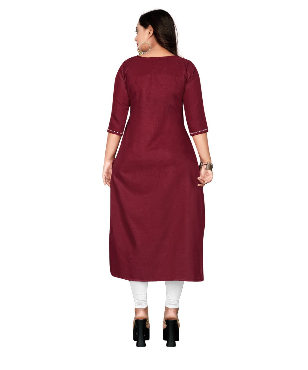 Women's Cotton Embroidery Straight Kurti (Maroon) - GillKart