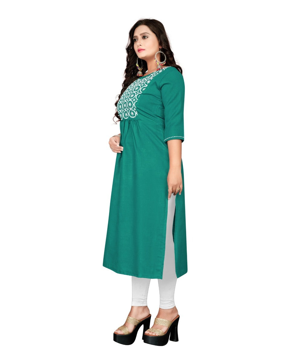 Women's Cotton Embroidery Straight Kurti (Turquoise Green) - GillKart