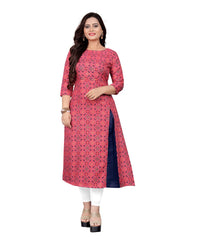 Women's Cotton Print with Foil Frontslit Kurti (Pink) - GillKart