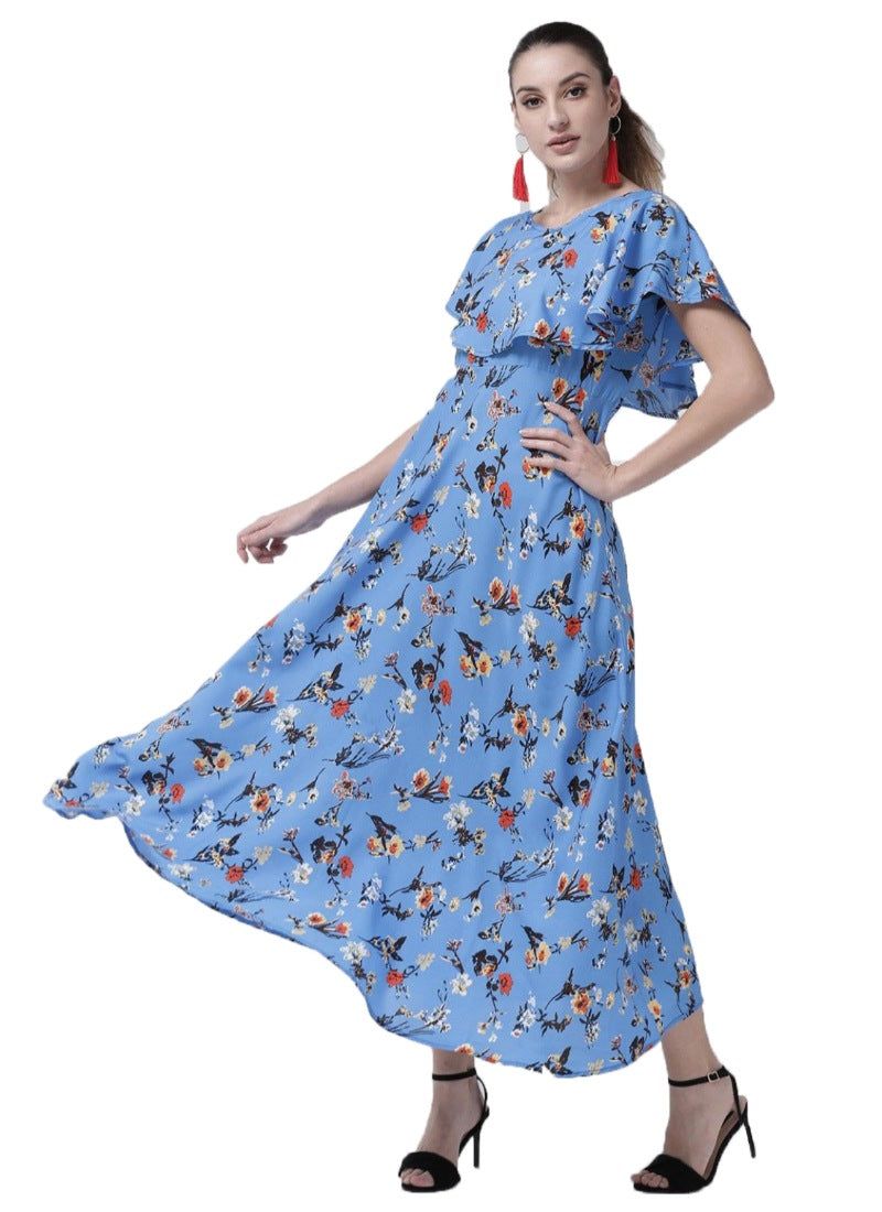 Women's Crepe Floral Half Sleeves Full Length Gown(Blue) - GillKart