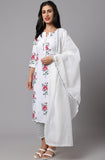 Women's Cotton Blend Printed Work Kurti With Bottom And Dupatta Set (White) - GillKart