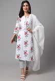 Women's Cotton Blend Printed Work Kurti With Bottom And Dupatta Set (White) - GillKart