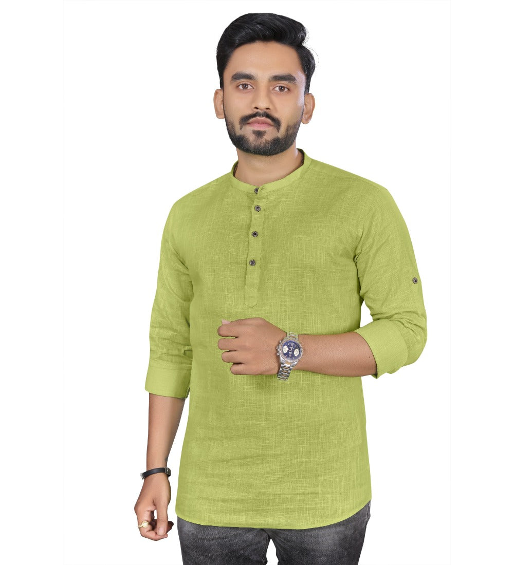 Men's Cotton Solid Full Sleeve Short Kurta (Green) - GillKart