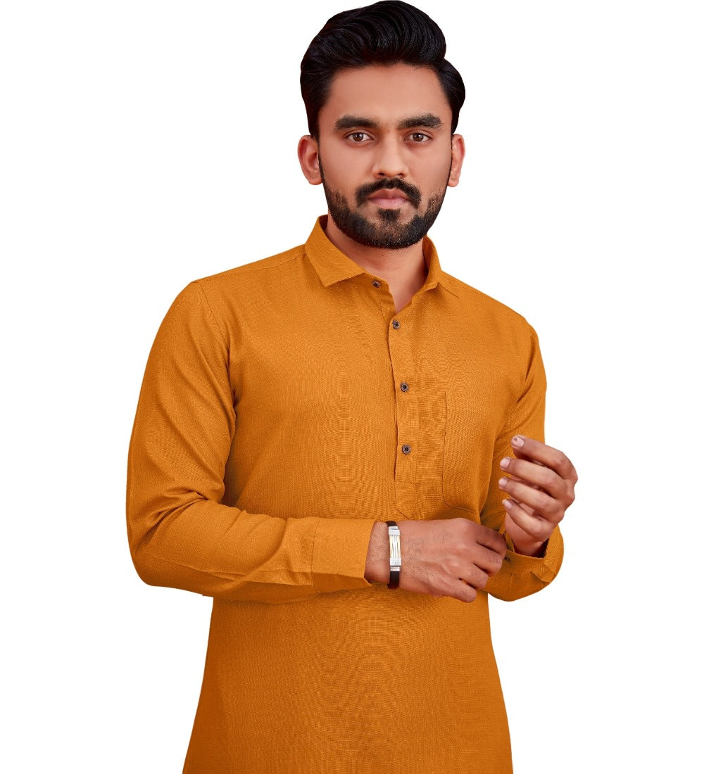 Men's Cotton Blend Solid Full Sleeve Knee Length Kurta (Yellow) - GillKart