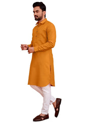 Men's Cotton Blend Solid Full Sleeve Knee Length Kurta (Yellow) - GillKart