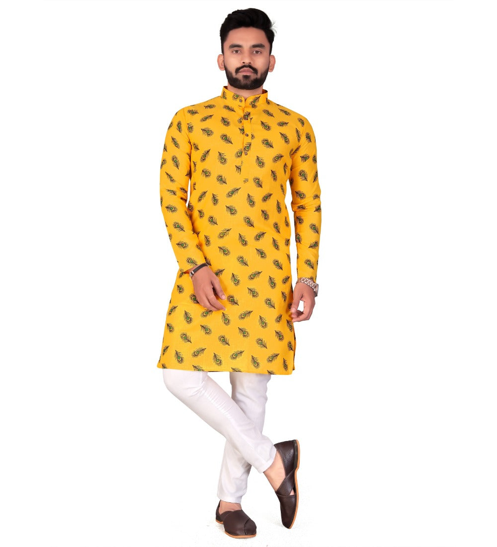 Men's Cotton Blend Straight Printed Kurta (Yellow) - GillKart